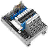 Interface module for system wiring; Pluggable connector per DIN 41651; Male connector; 10-pole; 8-channel relay output; 1 changeover contact; Triple-deck PCB terminal blocks; with manual operation; in mounting carrier; 2,50 mm²