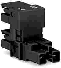 h-distribution connector; 2-pole; Cod. A; 1 input; 2 outputs; outputs on one side; 2 locking levers; black