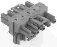 T-distribution connector; 5-pole; Cod. B; 1 input; 2 outputs; 3 locking levers; for flying leads; gray