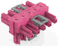 T-distribution connector; 5-pole; Cod. B; 1 input; 2 outputs; 3 locking levers; for flying leads; pink