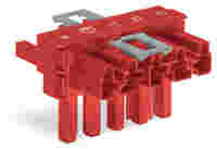 WAGO T-distribution connector; 5-pole; Cod. P; 1 input; 2 outputs; outputs on both sides; 3 locking levers; for flying leads; red