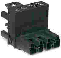 h-distribution connector; 4-pole; Cod. A; 1 input; 2 outputs; outputs on one side; 2 locking levers; black