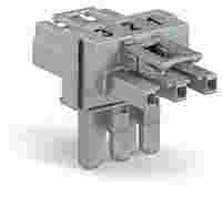 T-distribution connector; 3-pole; Cod. B; 1 input; 2 outputs; 2 locking levers; gray