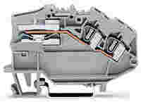 Power distribution disconnect terminal block; angled; rail mount; 2-conductor; 6 mm wide; gray