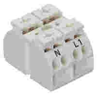 4-conductor chassis-mount terminal strip; without ground contact; N-L1; 2-pole; for self-tapping screw 2.9 mm Ø from bellow; with 2x pin; 4 mm²; white
