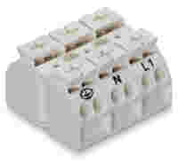 4-conductor chassis-mount terminal strip; with ground contact; PE-N-L1; 3-pole; 1 snap-in foot per pole; 4 mm²; white