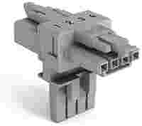 T-distribution connector; 4-pole; Cod. B; 1 input; 2 outputs; 2 locking levers; gray
