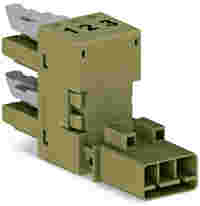 h-distribution connector; 3-pole; Cod. B; 1 input; 2 outputs; outputs on one side; 2 locking levers; light green