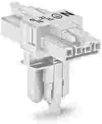 T-distribution connector; 4-pole; Cod. A; 1 input; 2 outputs; 3 locking levers; for flying leads; white