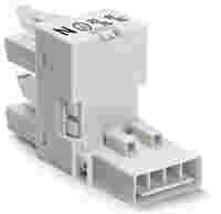 h-distribution connector; 4-pole; Cod. A; 1 input; 2 outputs; outputs on one side; 2 locking levers; white